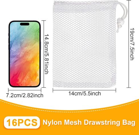 Yzyil 16 قطعة من حقيبة الرباط الشبكية من النايلون، 5.5 × 7.5 بوصة أكياس شبكية صغيرة برباط شبكي مع رباط منزلق لألعاب الشاطئ، وحقائب شبكية والسفر (أبيض) in Kuwait
