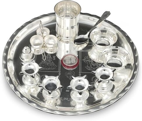 طقم بوجا ثالي مطلي بالفضة من BENGALEN مقاس 30.48 سم مع تصميم بوجا ثالي مع وعاء زجاجي Diya Dhup Dan Haldi Kumkum حامل عملة ملعقة للمنزل ماندير ومكتب الزفاف وهدايا الإرجاع in Kuwait