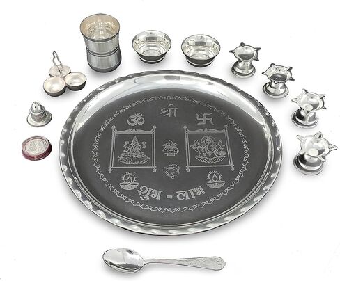 طقم بوجا ثالي مطلي بالفضة من BENGALEN مقاس 30.48 سم مع تصميم بوجا ثالي مع وعاء زجاجي Diya Dhup Dan Haldi Kumkum حامل عملة ملعقة للمنزل ماندير ومكتب الزفاف وهدايا الإرجاع in Kuwait