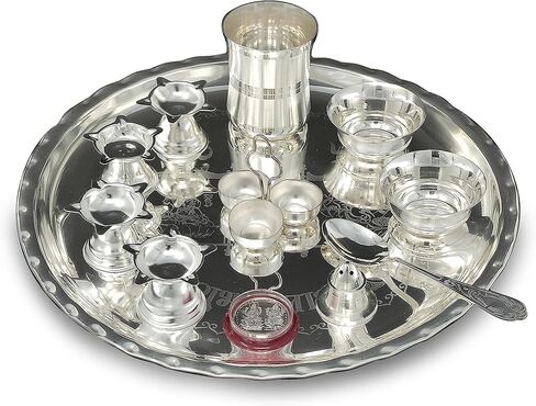 طقم بوجا ثالي مطلي بالفضة من BENGALEN مقاس 30.48 سم مع تصميم بوجا ثالي مع وعاء زجاجي Diya Dhup Dan Haldi Kumkum حامل عملة ملعقة للمنزل ماندير ومكتب الزفاف وهدايا الإرجاع in Kuwait