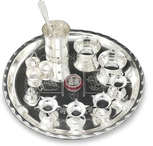 طقم بوجا ثالي مطلي بالفضة من BENGALEN مقاس 30.48 سم مع تصميم بوجا ثالي مع وعاء زجاجي Diya Dhup Dan Haldi Kumkum حامل عملة ملعقة للمنزل ماندير ومكتب الزفاف وهدايا الإرجاع in Kuwait