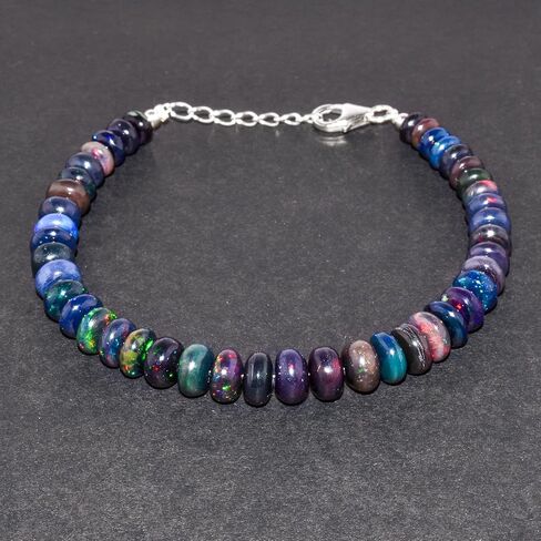 QNAVIC Natural Fire Black Opal Beads Stones Choker Bangle Bracelet for Women, Healing Chakra Crystals, Birthstone Jewelry, Rhodium Plating 925 Sterling Silver 8 inch, Mother's Day Gift for her in Saudi Arabia