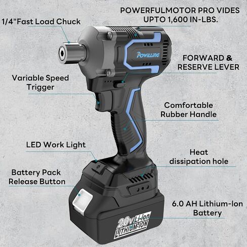 Powilling Impact Driver Kit - 20V Electric 1/4 Inch Hex Impact Drill/Driver Set，2 Variable Speed, with 6.0Ah Battery and Charger, 14Pcs Socket and Tool Case Includ in Saudi Arabia