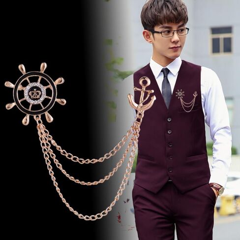 Steering Wheel Royal Crown Rudder Anchor Tassel Chain Lapel Pin Brooch Sweater clip Chain Fringe suit pin brooch for men for women，Dainty Christmas Wedding Birthday Holiday Jewelry Unisex Gifts in Saudi Arabia
