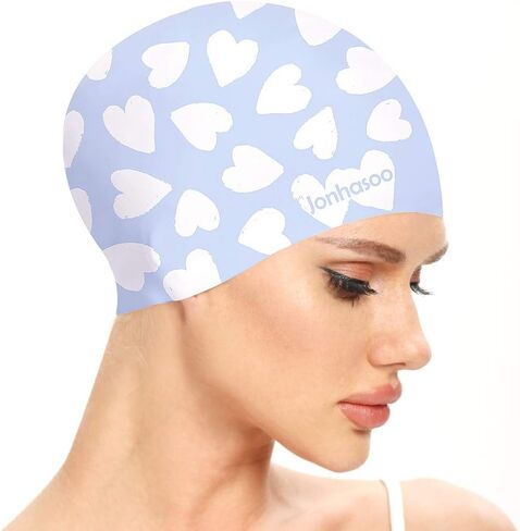Jonhasoo Silicone Swim Cap for Women Swimming Caps with Cute Heart Printed in Saudi Arabia