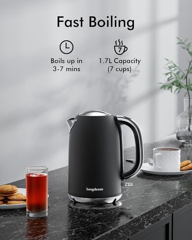 LONGDEEM Electric Kettle Quiet Stainless Steel Interior, Wide-Open Lid 1.7L 1500W Electric Tea Kettle, Easy to Clean, BPA Free Kettle & Hot Water Kettle, Auto Shut-Off & Boil-Dry Protection, White in Saudi Arabia