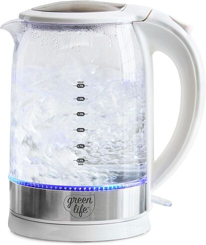 GreenLife 1.7 Liter Glass Electric Kettle, Easy One Touch Use, Quick Heating, Filtered Spout, LED Base, Auto Shut-Off, Cordless Serving, Coffee and Tea, Pink in Kuwait