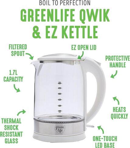 GreenLife 1.7 Liter Glass Electric Kettle, Easy One Touch Use, Quick Heating, Filtered Spout, LED Base, Auto Shut-Off, Cordless Serving, Coffee and Tea, Pink in Kuwait