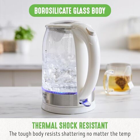 GreenLife 1.7 Liter Glass Electric Kettle, Easy One Touch Use, Quick Heating, Filtered Spout, LED Base, Auto Shut-Off, Cordless Serving, Coffee and Tea, Pink in Kuwait