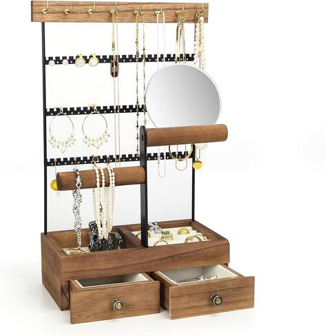 FICTOR Jewelry Holder Organizer Jewelry Stand, Necklace Holder with Mirror Earrings Rings Tray, Bracelet Holder Rustic Display Rack with 9 Hooks, 2 Drawers, 4 Tier in Saudi Arabia