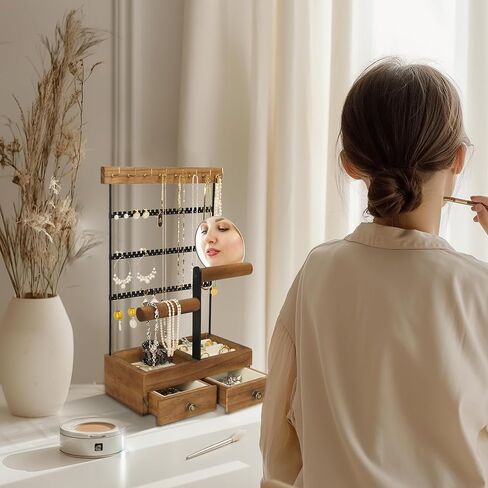 FICTOR Jewelry Holder Organizer Jewelry Stand, Necklace Holder with Mirror Earrings Rings Tray, Bracelet Holder Rustic Display Rack with 9 Hooks, 2 Drawers, 4 Tier in Saudi Arabia