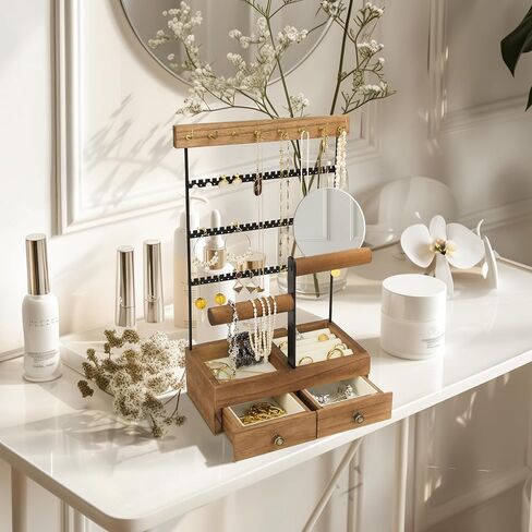 FICTOR Jewelry Holder Organizer Jewelry Stand, Necklace Holder with Mirror Earrings Rings Tray, Bracelet Holder Rustic Display Rack with 9 Hooks, 2 Drawers, 4 Tier in Saudi Arabia
