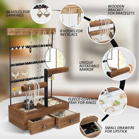 FICTOR Jewelry Holder Organizer Jewelry Stand, Necklace Holder with Mirror Earrings Rings Tray, Bracelet Holder Rustic Display Rack with 9 Hooks, 2 Drawers, 4 Tier in Saudi Arabia