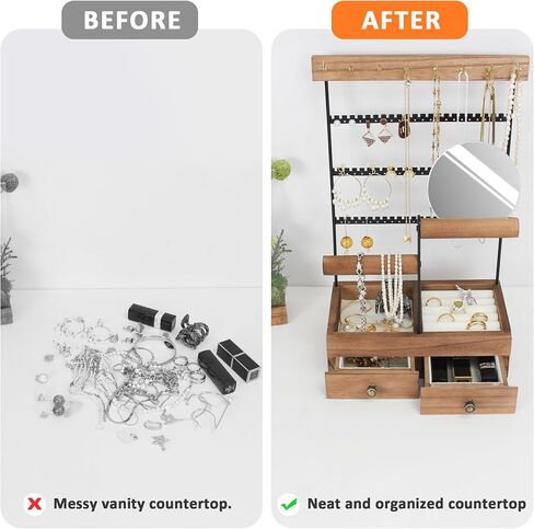 FICTOR Jewelry Holder Organizer Jewelry Stand, Necklace Holder with Mirror Earrings Rings Tray, Bracelet Holder Rustic Display Rack with 9 Hooks, 2 Drawers, 4 Tier in Saudi Arabia