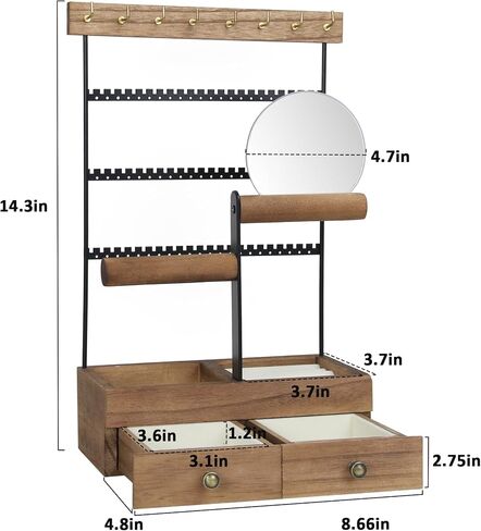 FICTOR Jewelry Holder Organizer Jewelry Stand, Necklace Holder with Mirror Earrings Rings Tray, Bracelet Holder Rustic Display Rack with 9 Hooks, 2 Drawers, 4 Tier in Saudi Arabia
