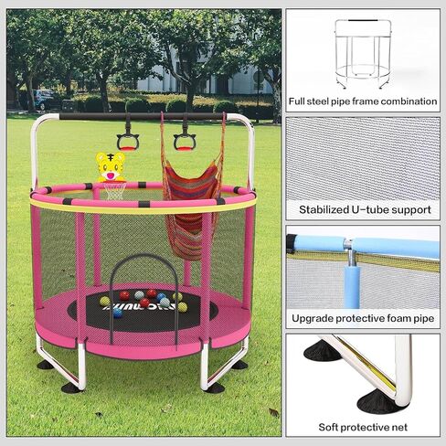 Trampoline for Kids, Adjustable Baby Toddler Trampoline with Basketball Hoop, 220lbs Indoor Outdoor Toddler Trampoline with Enclosure (Pink-E) in Saudi Arabia