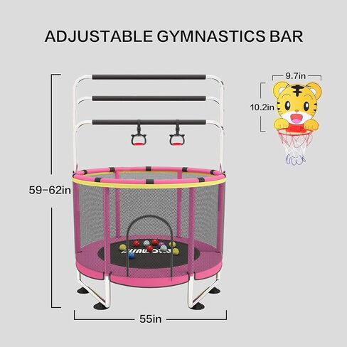 Trampoline for Kids, Adjustable Baby Toddler Trampoline with Basketball Hoop, 220lbs Indoor Outdoor Toddler Trampoline with Enclosure (Pink-E) in Saudi Arabia