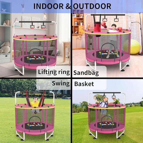 Trampoline for Kids, Adjustable Baby Toddler Trampoline with Basketball Hoop, 220lbs Indoor Outdoor Toddler Trampoline with Enclosure (Pink-E) in Saudi Arabia