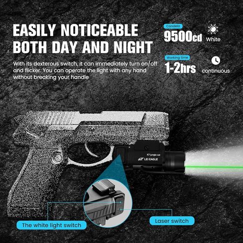 LEI Eagle K7 Jungle Cat 1300 lumens, Pistol Light, Tactical White LED and Green Beam Laser Combination, Compatible with 1913 or GL Rail Installation, Beam Distance exceeding 200 in Saudi Arabia