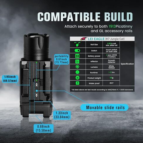 LEI Eagle K7 Jungle Cat 1300 lumens, Pistol Light, Tactical White LED and Green Beam Laser Combination, Compatible with 1913 or GL Rail Installation, Beam Distance exceeding 200 in Saudi Arabia