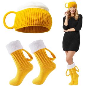 جوارب KUNAL Beer للرجال والنساء وقبعة، جوارب مضحكة لكوب البيرة مع مقبض وقبعة مع طباعة ثلاثية الأبعاد مبتكرة، مجموعة محبوكة سميكة دافئة للشتاء للهدايا، وأعياد الميلاد، والحفلات، وعيد الميلاد وعيد الحب in Kuwait