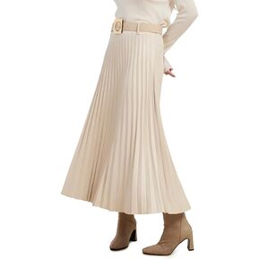 Women's Stylish Faux Suede Effect Pleated Midi Skirt with Belt, High Waist with Inseam Side Zipper in Saudi Arabia