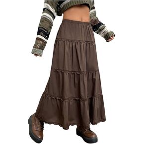 تنورة نسائية طويلة من WDIRARA ذات طبقات مكشكشة ومتأرجحة بخصر مطاطي وحواف من الدانتيل على شكل حرف A تنانير طويلة in Kuwait