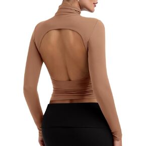 PINKMSTYLE Backless Turtleneck Long Sleeve Tops Shirts Ruched Double Lined Fall Going Out Outfits 2025 in Kuwait