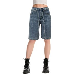 Women's Rhinestone Embellished Denim Shorts, Straight Leg Jean Shorts with Belt in Saudi Arabia