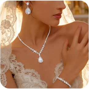 SAILIMUE Wedding Jewelry Sets for Brides Women - Silver Plated Rhinestone Crystal Necklace Bracelet Earrings Wedding Prom jewelry Set Bridal Bridesmaid Costume Accessories in Kuwait