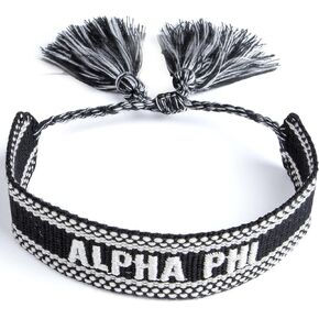 Sorority Shop Alpha Phi Bracelet — Woven Bracelet, Black and White Design with AP Sorority Name and Tassels, Greek Sorority Jewelry and Big Little Sorority Gifts in Saudi Arabia