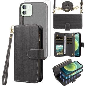 Asuwish Phone Case for iPhone 12 Pro iPhone12 6.1 Zipper Wallet Detachable Cell Cover with Tempered Glass Screen Protector Crossbody Lanyard Strap Card Holder iPhone12pro 5G i 12s 12pro Women Rose Red in Kuwait