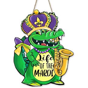 Mardi Gras Alligator Front Door Sign, New Orleans Carnival Wood Hanger Outdoor Outside Porch Home Decor, Life of The Mardi Masquerade Party Wooden Wreath Indoor Wall Hanging Decoration in Kuwait