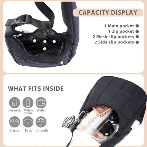 Small Puffer Crescent Shoulder Bag Women - Nylon Quilted Puffy Purse, Mini Work Travel Gym Puffer Tote Bag Adjustable Strap in Saudi Arabia