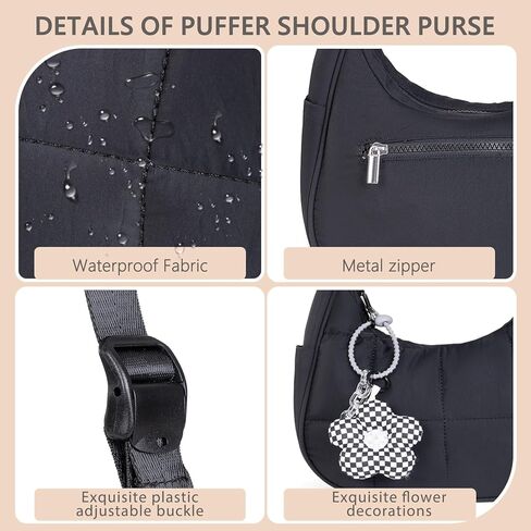 Small Puffer Crescent Shoulder Bag Women - Nylon Quilted Puffy Purse, Mini Work Travel Gym Puffer Tote Bag Adjustable Strap in Saudi Arabia