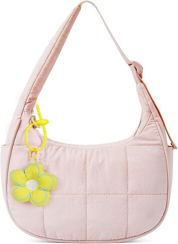 Small Puffer Crescent Shoulder Bag Women - Nylon Quilted Puffy Purse, Mini Work Travel Gym Puffer Tote Bag Adjustable Strap in Saudi Arabia