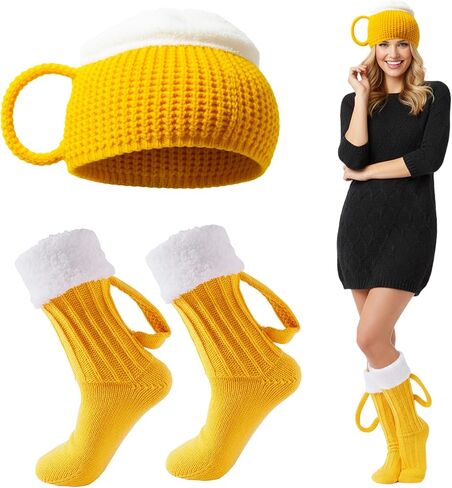 جوارب KUNAL Beer للرجال والنساء وقبعة، جوارب مضحكة لكوب البيرة مع مقبض وقبعة مع طباعة ثلاثية الأبعاد مبتكرة، مجموعة محبوكة سميكة دافئة للشتاء للهدايا، وأعياد الميلاد، والحفلات، وعيد الميلاد وعيد الحب in Kuwait