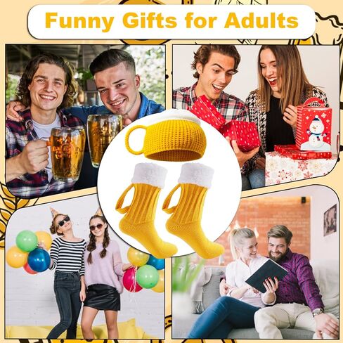جوارب KUNAL Beer للرجال والنساء وقبعة، جوارب مضحكة لكوب البيرة مع مقبض وقبعة مع طباعة ثلاثية الأبعاد مبتكرة، مجموعة محبوكة سميكة دافئة للشتاء للهدايا، وأعياد الميلاد، والحفلات، وعيد الميلاد وعيد الحب in Kuwait
