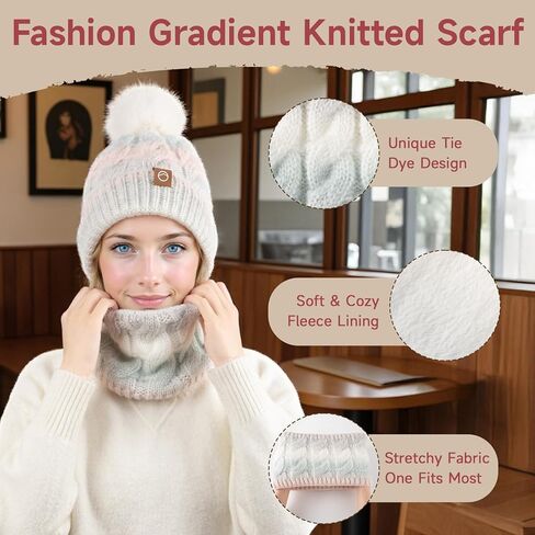 Womens Winter Beanie Hat Scarf Set,Thermal Fleece Lined Women Beanie with Pom Warm Knitted Neck Scarf Cold Weather in Saudi Arabia