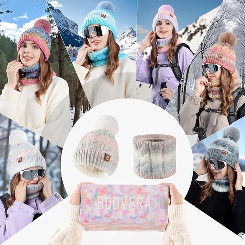 Womens Winter Beanie Hat Scarf Set,Thermal Fleece Lined Women Beanie with Pom Warm Knitted Neck Scarf Cold Weather in Saudi Arabia