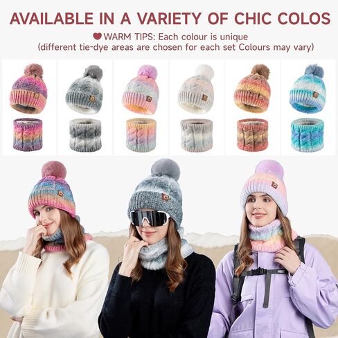 Womens Winter Beanie Hat Scarf Set,Thermal Fleece Lined Women Beanie with Pom Warm Knitted Neck Scarf Cold Weather in Saudi Arabia