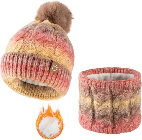 Womens Winter Beanie Hat Scarf Set,Thermal Fleece Lined Women Beanie with Pom Warm Knitted Neck Scarf Cold Weather in Saudi Arabia