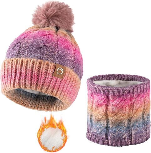 Womens Winter Beanie Hat Scarf Set,Thermal Fleece Lined Women Beanie with Pom Warm Knitted Neck Scarf Cold Weather in Saudi Arabia