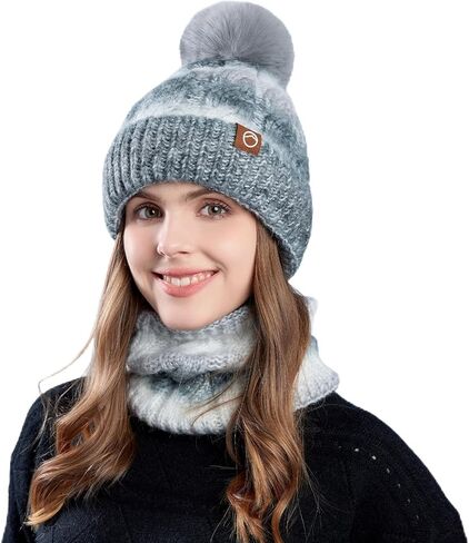 Womens Winter Beanie Hat Scarf Set,Thermal Fleece Lined Women Beanie with Pom Warm Knitted Neck Scarf Cold Weather in Saudi Arabia