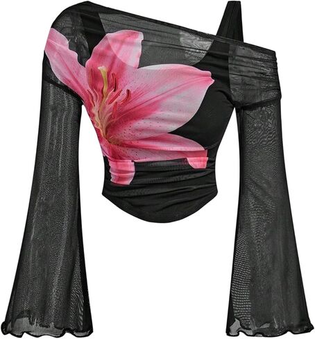 WDIRARA Girl's Floral Mesh T Shirts Asymmetrical Neck Ruched Tee Mesh Long Bell Sleeve Tops in Saudi Arabia