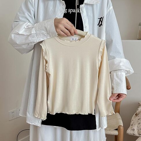تي شيرت بناتي صغيرات بأكمام طويلة مزين بالخس وبلوزة علوية غير رسمية مع كشكشة in Kuwait