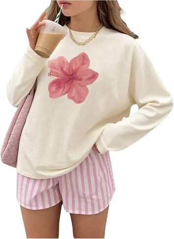 Girl's Floral Graphic Tees Crew Neck Long Sleeve T Shirts Cute Hibiscus Top in Saudi Arabia