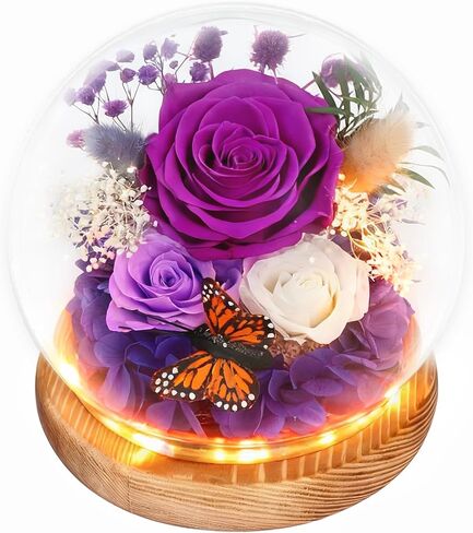 Christmas Real Forever Flowers with LED, Preserved Eternal Roses in Glass Dome, Gifts for Her Women Girlfriend (Purple) in Saudi Arabia