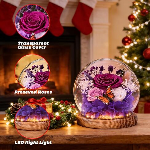 Christmas Real Forever Flowers with LED, Preserved Eternal Roses in Glass Dome, Gifts for Her Women Girlfriend (Purple) in Saudi Arabia