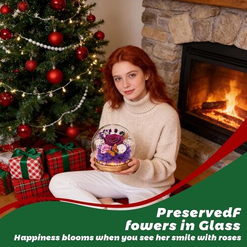 Christmas Real Forever Flowers with LED, Preserved Eternal Roses in Glass Dome, Gifts for Her Women Girlfriend (Purple) in Saudi Arabia